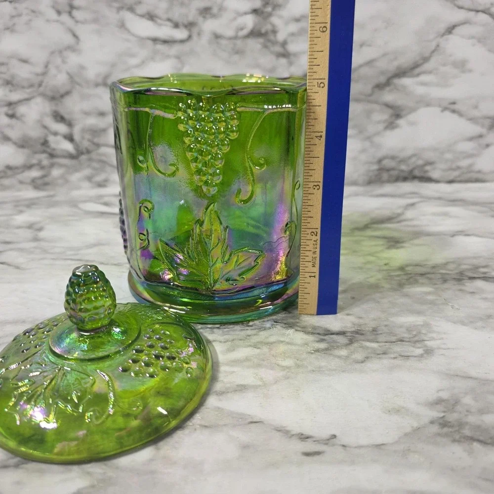 Indiana Glass Green Iridescent Carnival Glass Harvest Grape Canister w/Lid